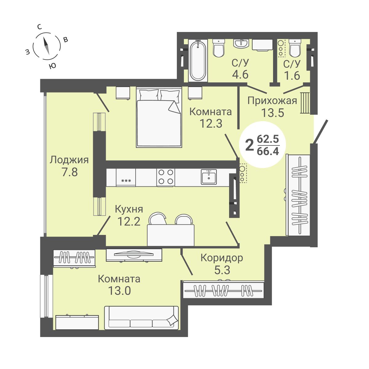  66.4 м² На Петухова