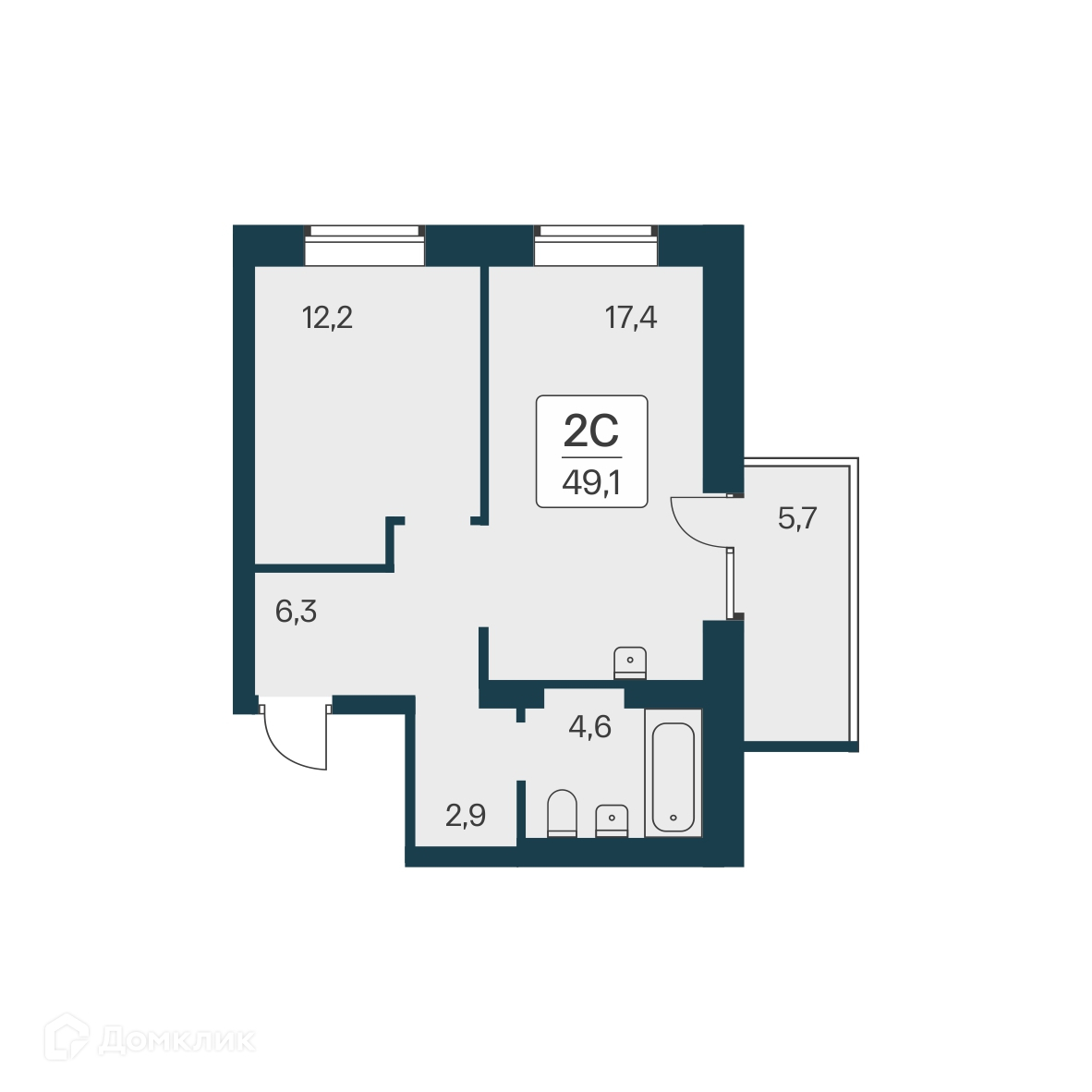 2-комнатная квартира 49.1 м² Расцветай на Красном