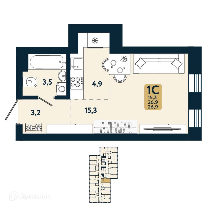 Студия 26.9 м² Первый на Есенина