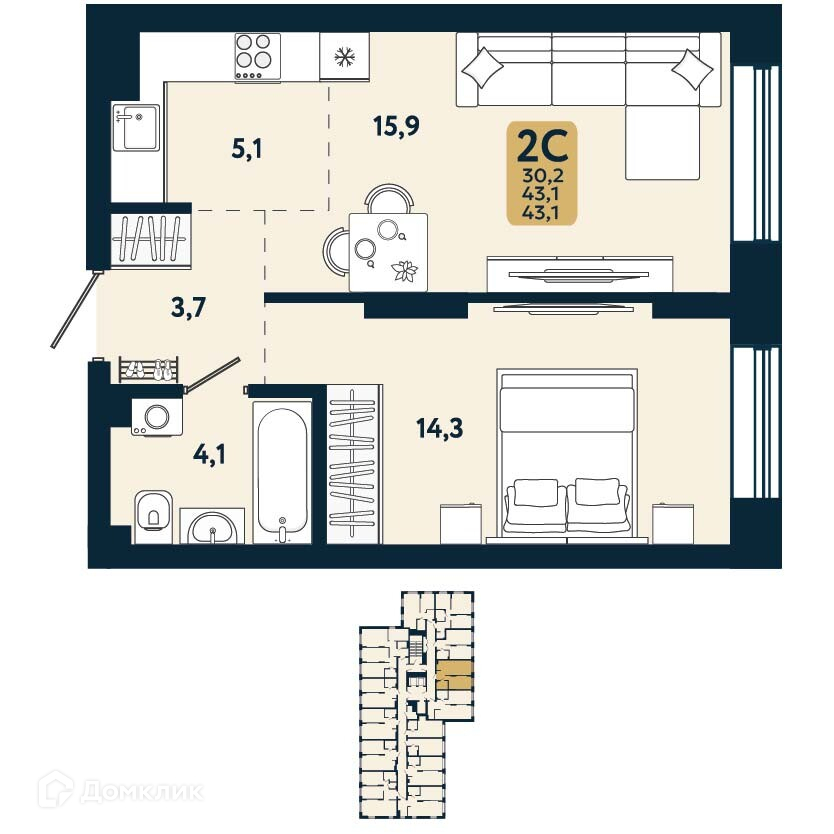 2-комнатная квартира 43.1 м² Первый на Есенина