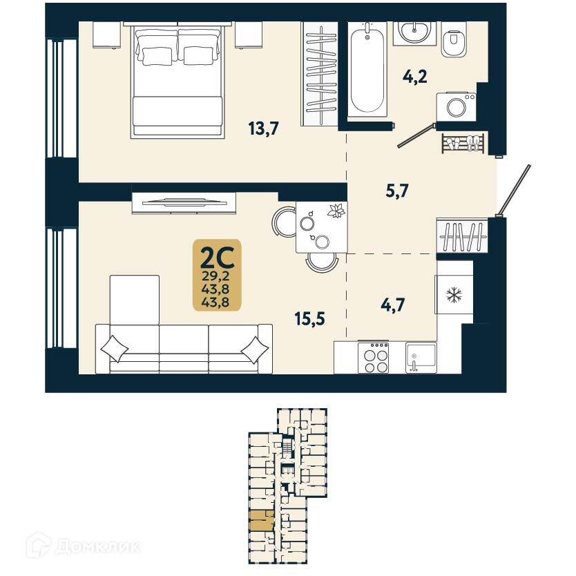 2-комнатная квартира 43.8 м² Первый на Есенина