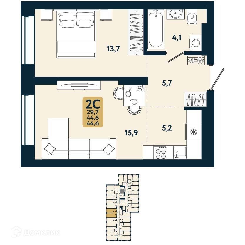2-комнатная квартира 44.6 м² Первый на Есенина