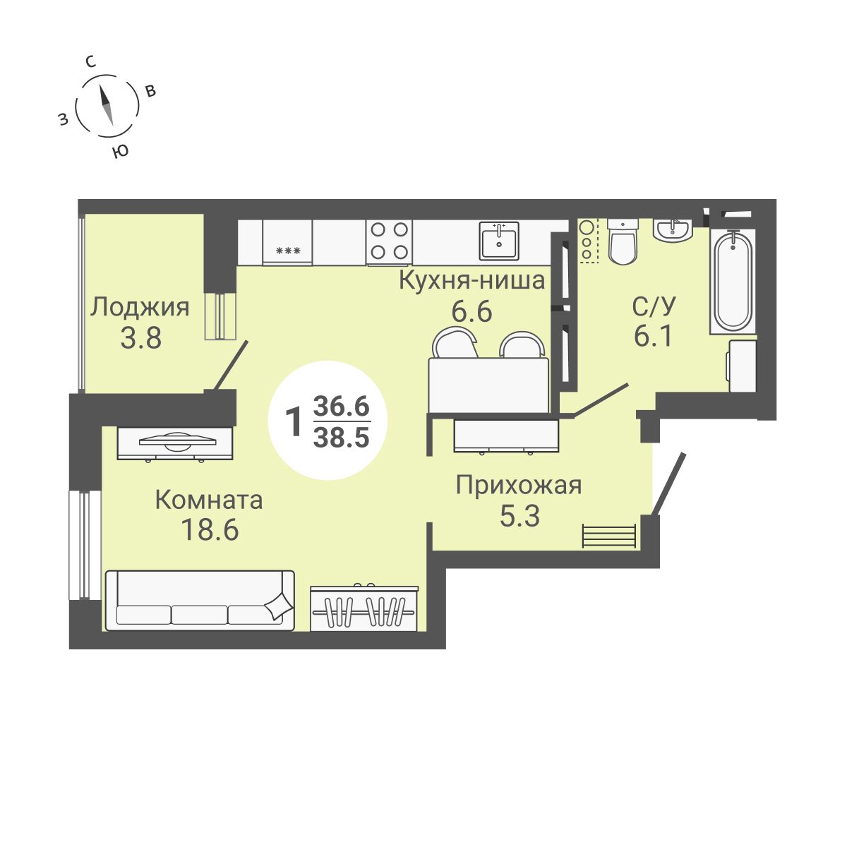  38.5 м² На Петухова