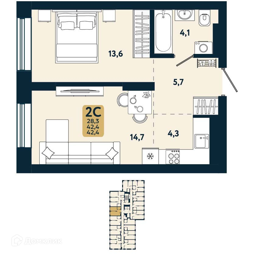 2-комнатная квартира 42.4 м² Первый на Есенина