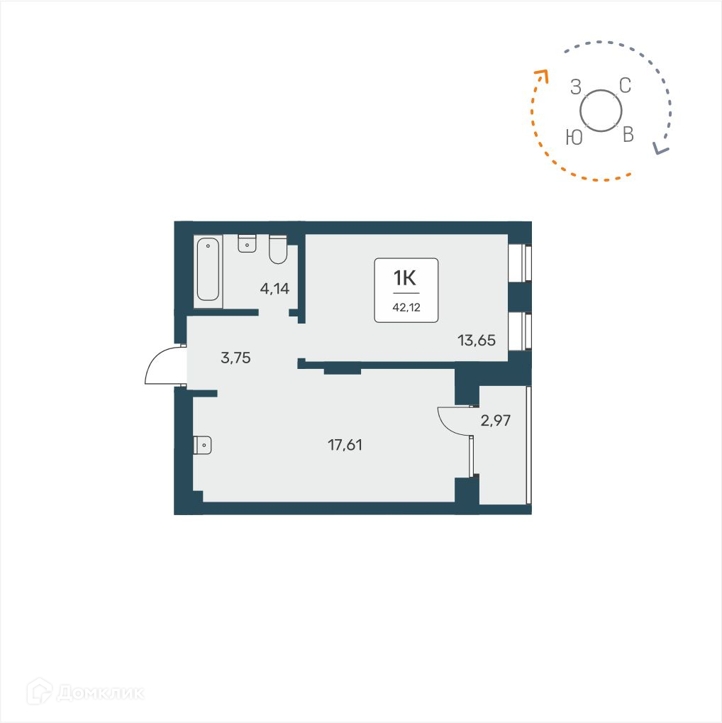 1-комнатная квартира 42.12 м² Расцветай на Авиастроителей