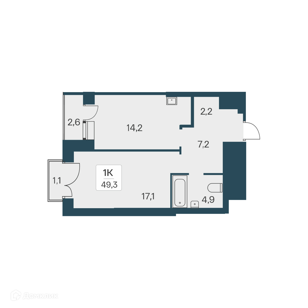 1-комнатная квартира 49.3 м² Расцветай на Красном