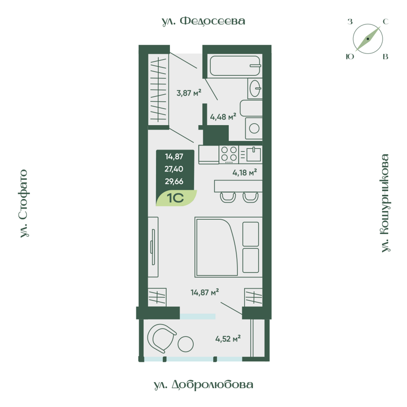 Студия 29.66 м² Мичурин