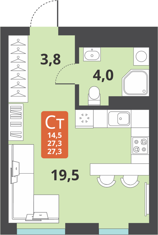 Студия 27.3 м² Тайгинский парк