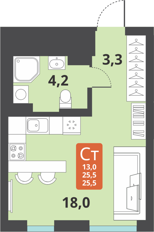 Студия 25.5 м² Тайгинский парк