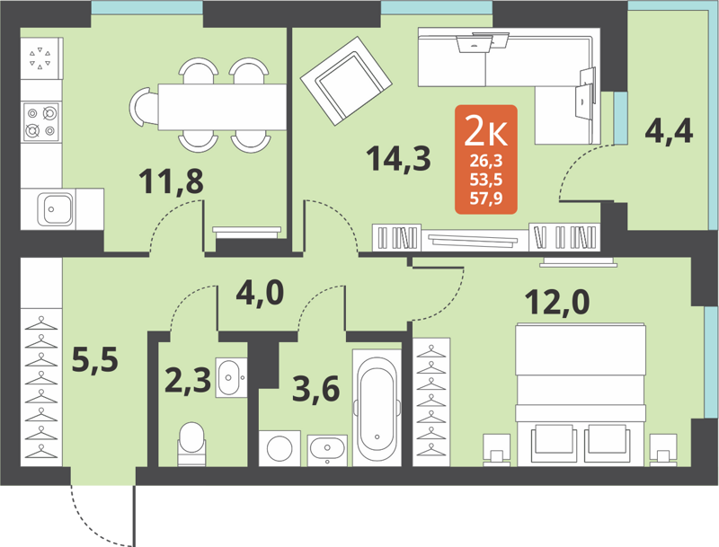 2-комнатная квартира 53.5 м² Тайгинский парк
