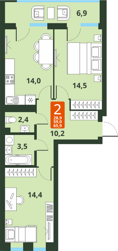 2-комнатная квартира 59 м² Тайгинский парк