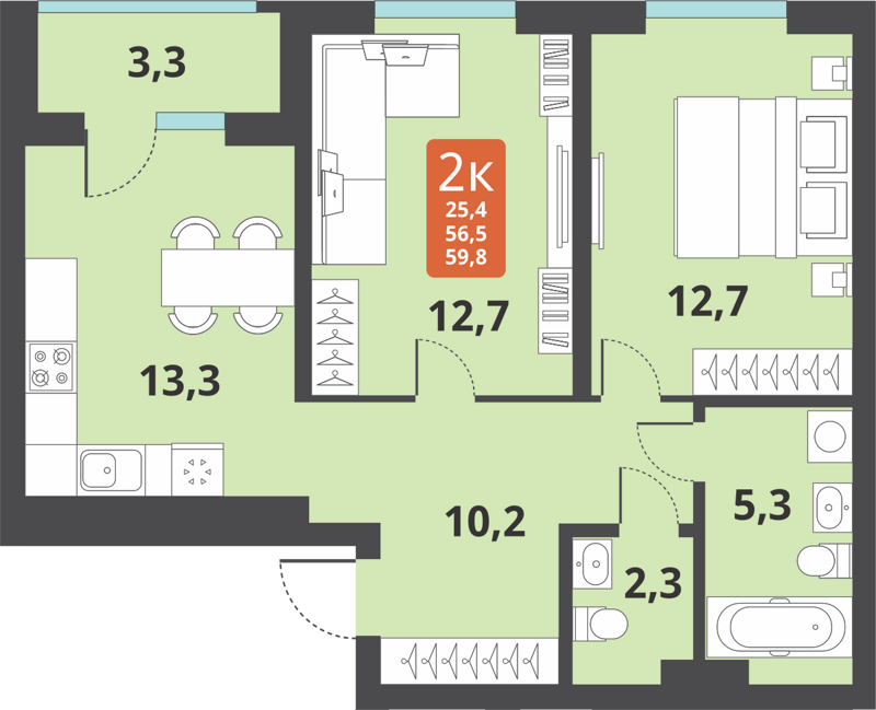 2-комнатная квартира 57.4 м² Тайгинский парк