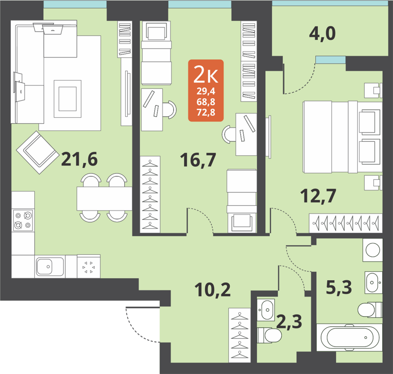 2-комнатная квартира 69.6 м² Тайгинский парк