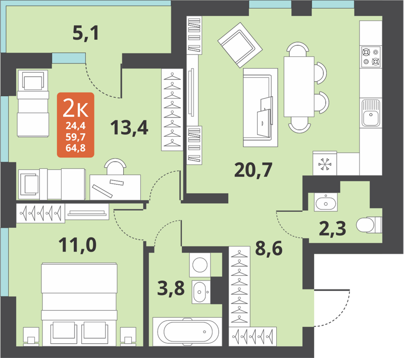 2-комнатная квартира 59.7 м² Тайгинский парк