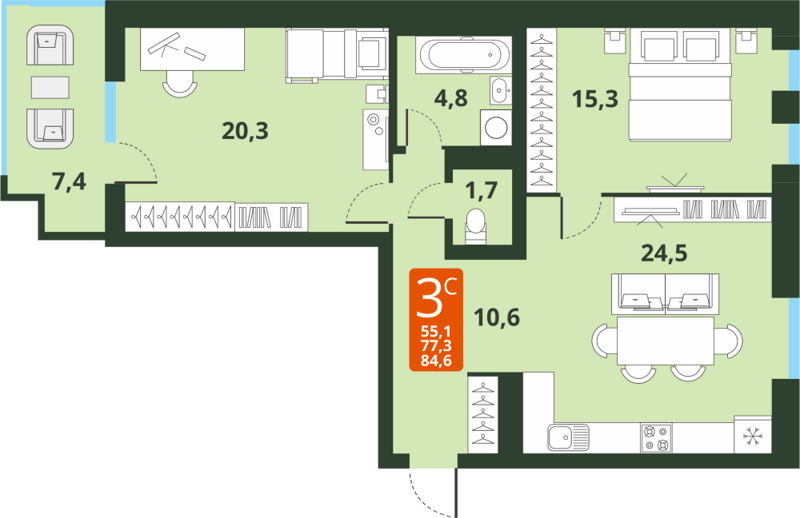 3-комнатная квартира 77.2 м² Тайгинский парк
