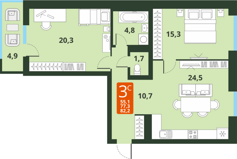 3-комнатная квартира 77.3 м² Тайгинский парк