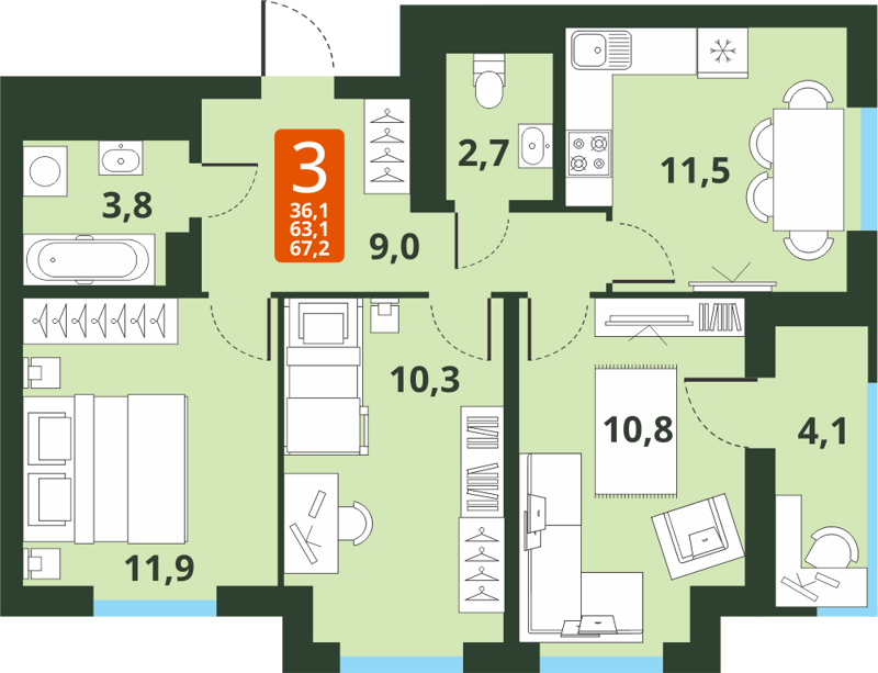 3-комнатная квартира 63.1 м² Тайгинский парк
