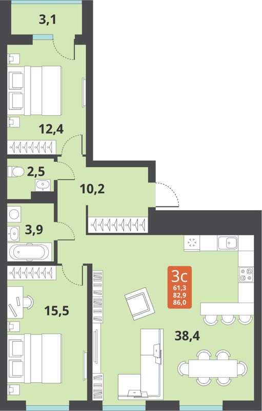 3-комнатная квартира 82.9 м² Тайгинский парк