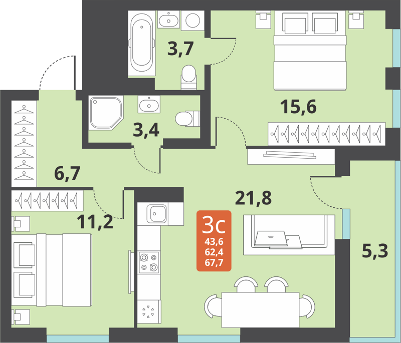 3-комнатная квартира 62.4 м² Тайгинский парк