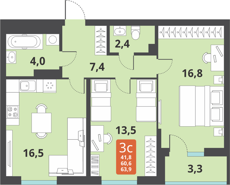 3-комнатная квартира 60.6 м² Тайгинский парк