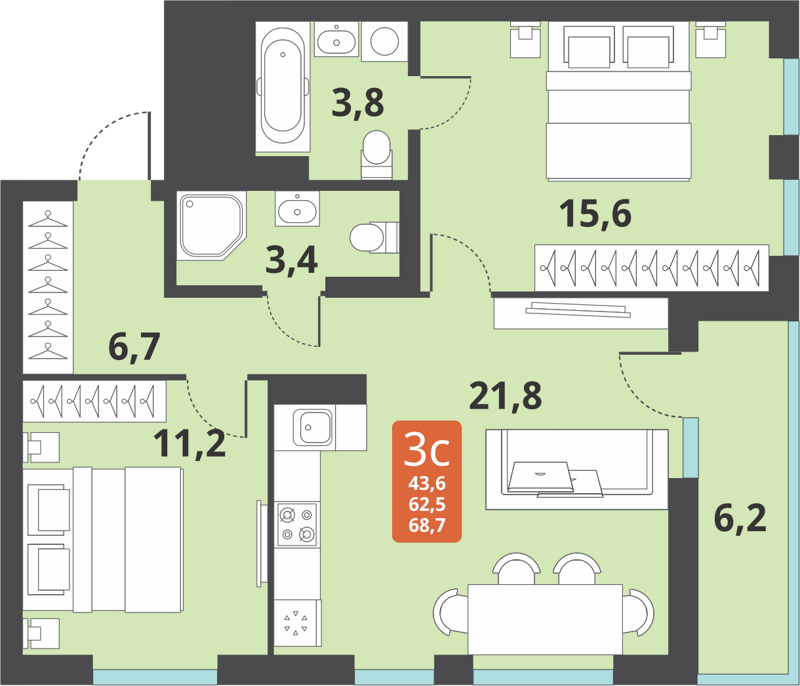 3-комнатная квартира 62.5 м² Тайгинский парк
