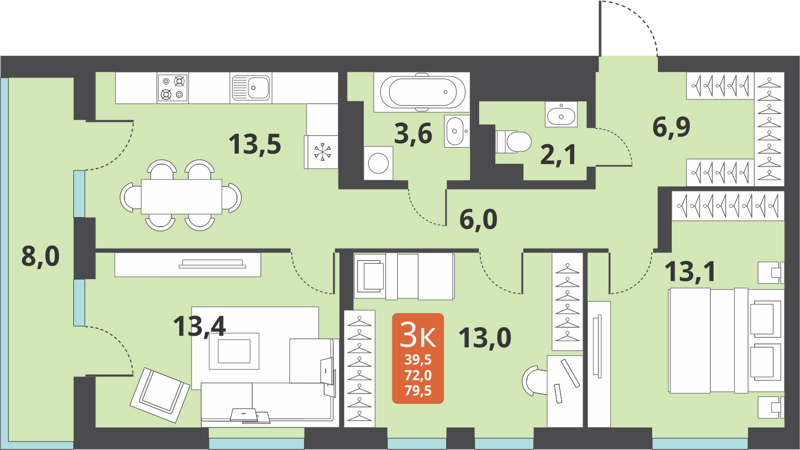 3-комнатная квартира 71.5 м² Тайгинский парк