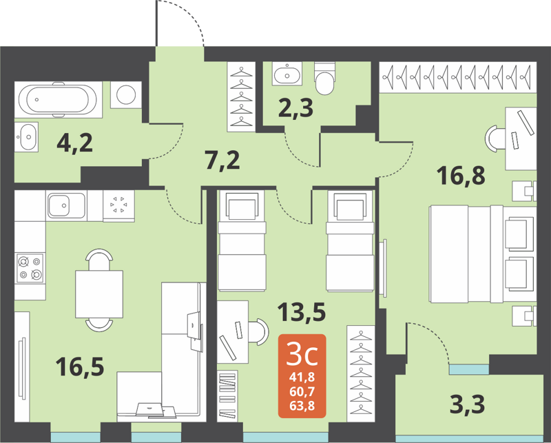 3-комнатная квартира 60.4 м² Тайгинский парк