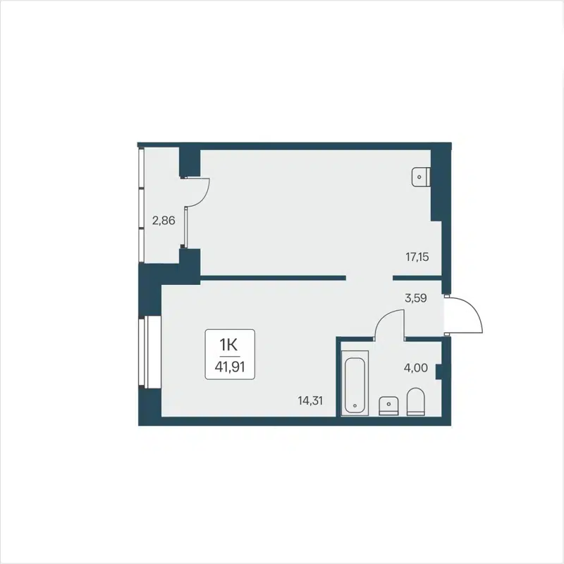 1-комнатная квартира 41.91 м² Расцветай на Дуси Ковальчук