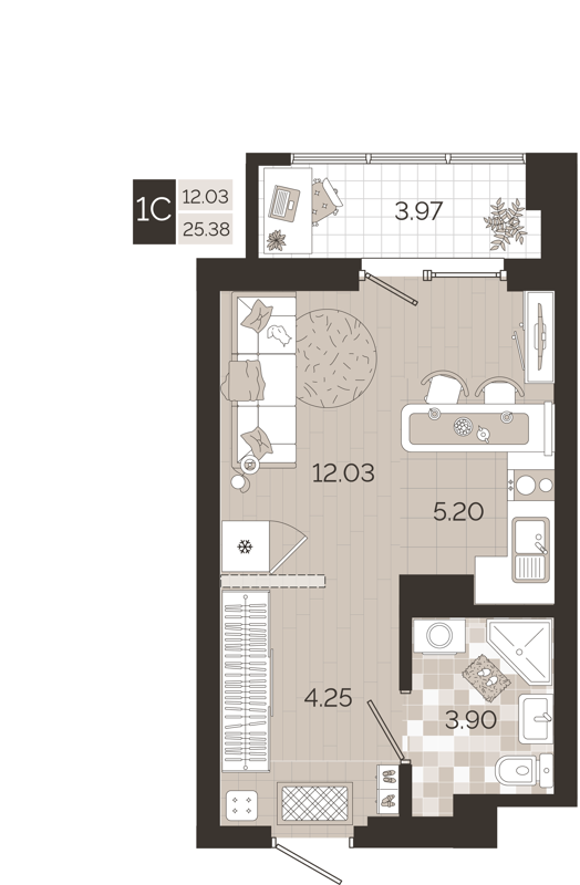 Студия 25.38 м² Авторский квартал