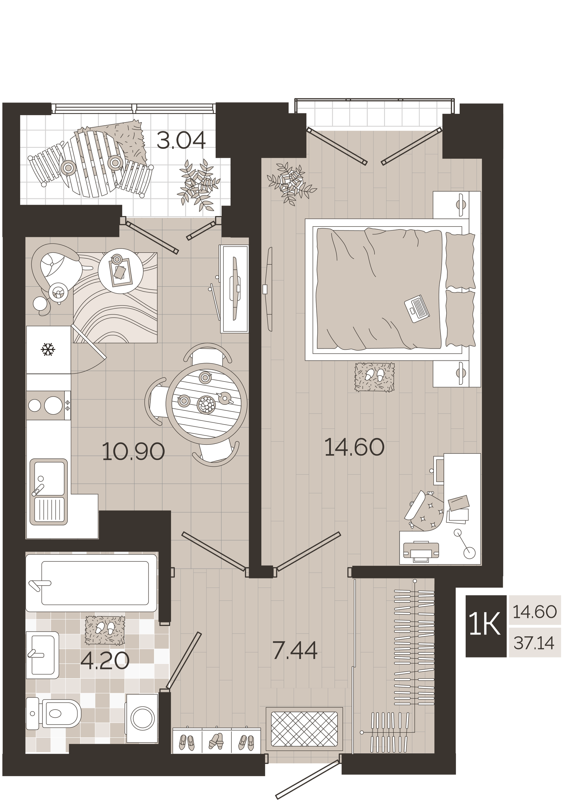 1-комнатная квартира 37.14 м² Авторский квартал