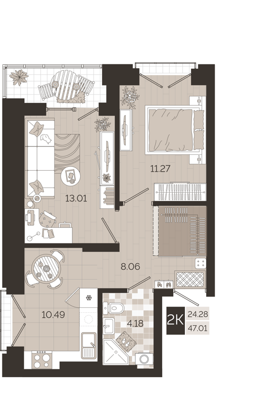 2-комнатная квартира 47.01 м² Авторский квартал