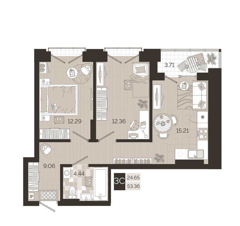 2-комнатная квартира 53.36 м² Авторский квартал