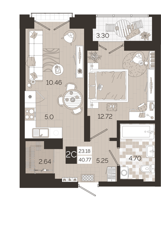 2-комнатная квартира 40.77 м² Авторский квартал