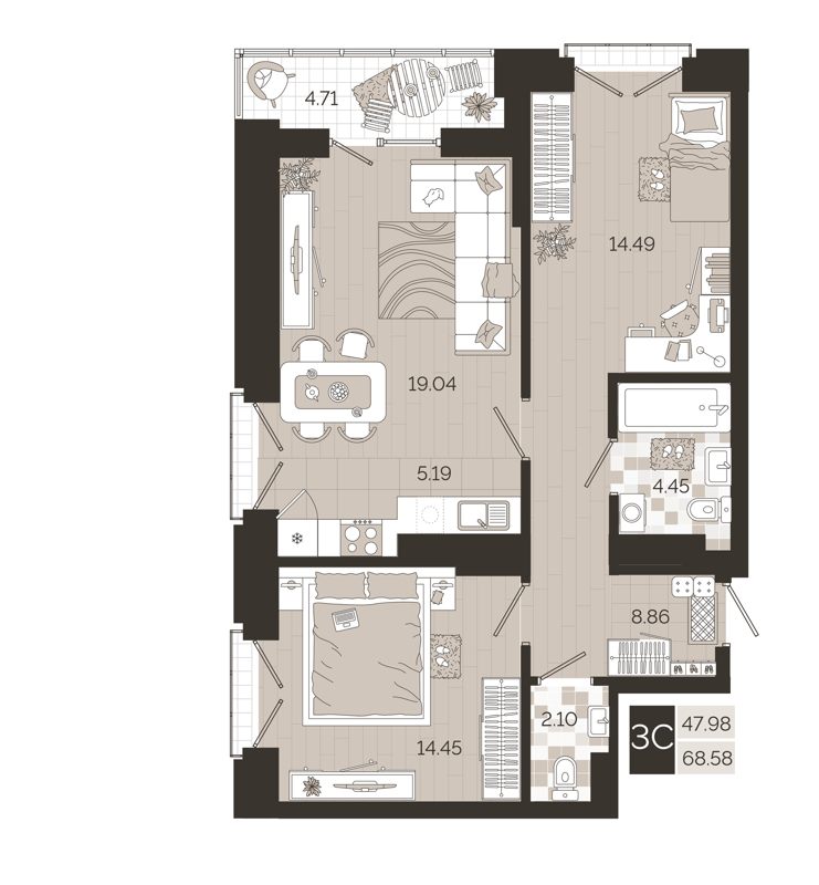 3-комнатная квартира 68.58 м² Авторский квартал