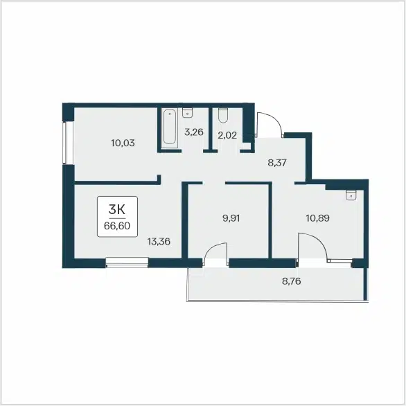 3-комнатная квартира 66.6 м² Сакура парк