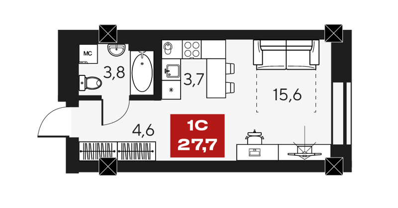 1-комнатные апартаменты 27.7 м² Маки
