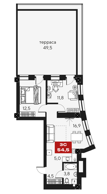 3-комнатные апартаменты 54.5 м² Маки