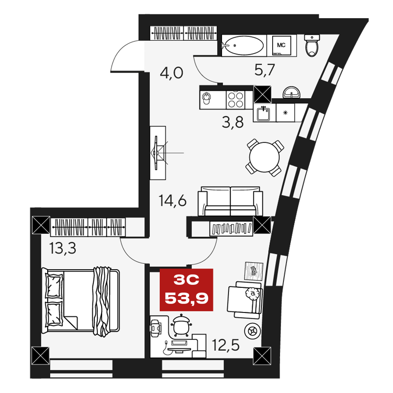 3-комнатные апартаменты 53.9 м² Маки