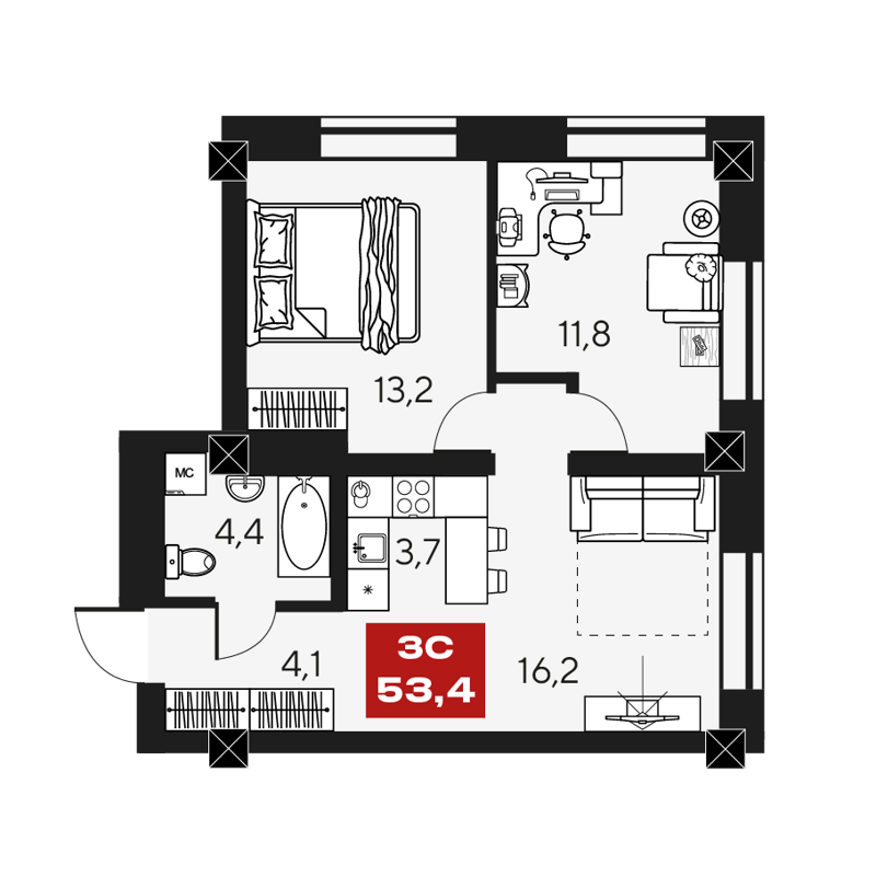 3-комнатные апартаменты 53.4 м² Маки