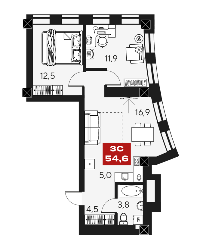 3-комнатные апартаменты 54.6 м² Маки
