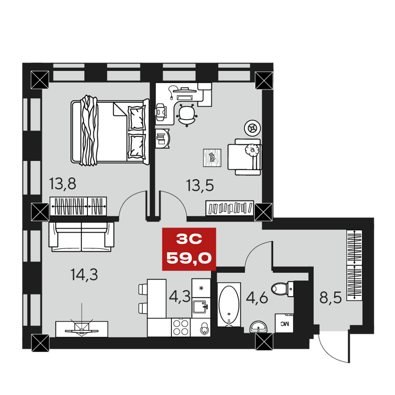 3-комнатные апартаменты 59 м² Маки