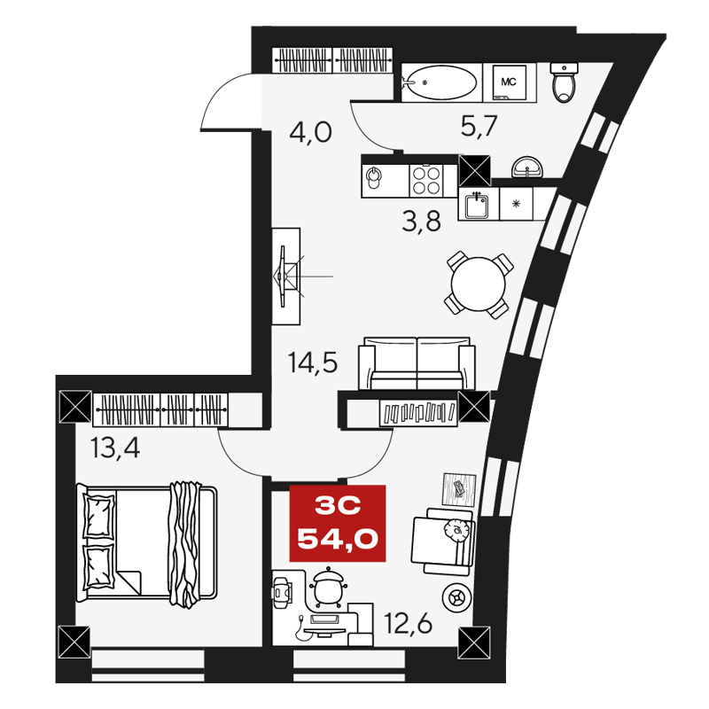 3-комнатные апартаменты 54 м² Маки