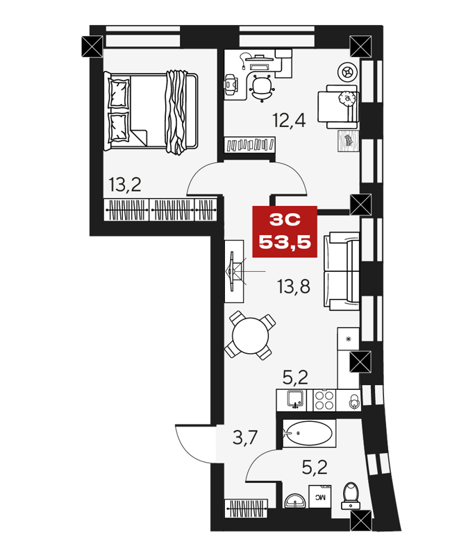 3-комнатные апартаменты 53.5 м² Маки