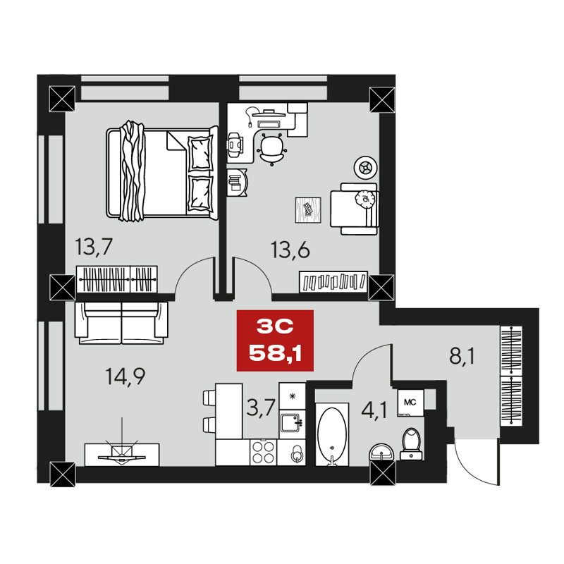 3-комнатные апартаменты 58.1 м² Маки