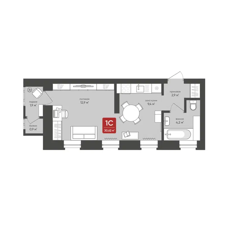 Студия 30.62 м² Промышленная 7