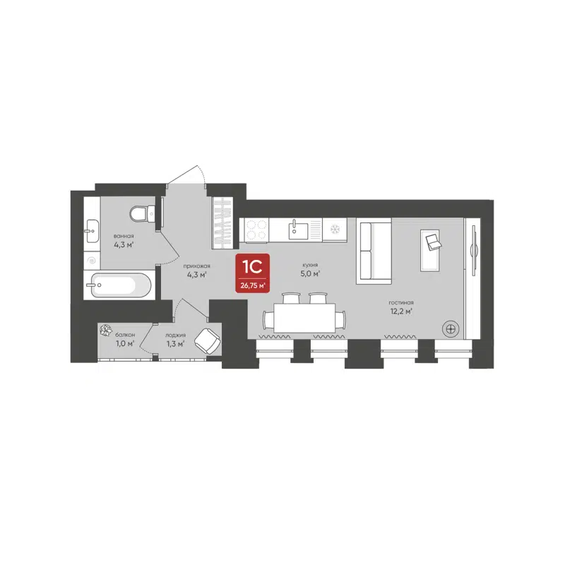 Студия 26.75 м² Промышленная 7