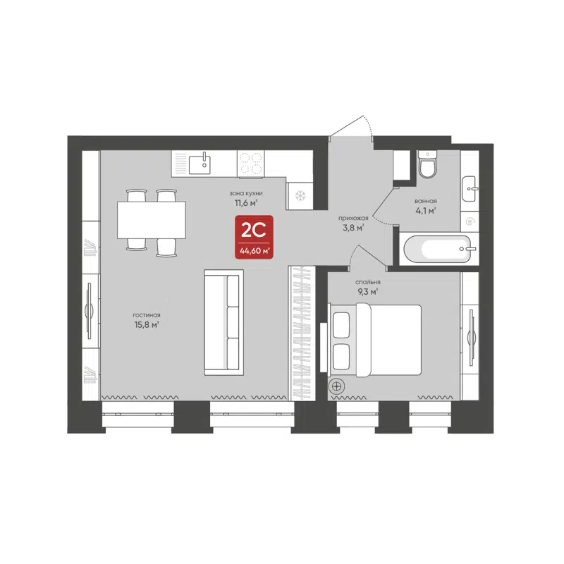 2-комнатная квартира 44.6 м² Промышленная 7