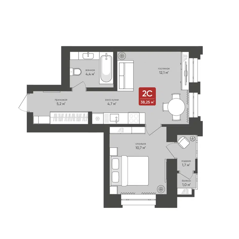 2-комнатная квартира 38.25 м² Промышленная 7