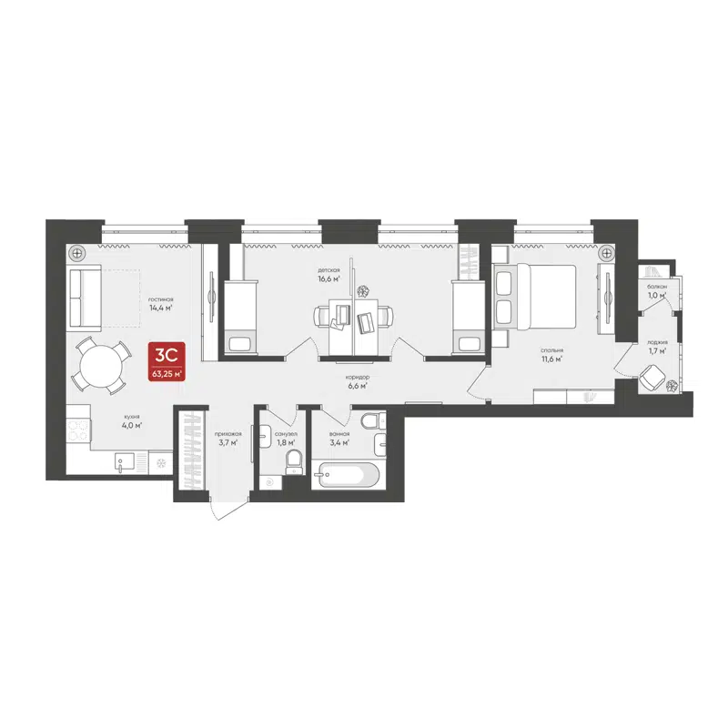3-комнатная квартира 63.25 м² Промышленная 7