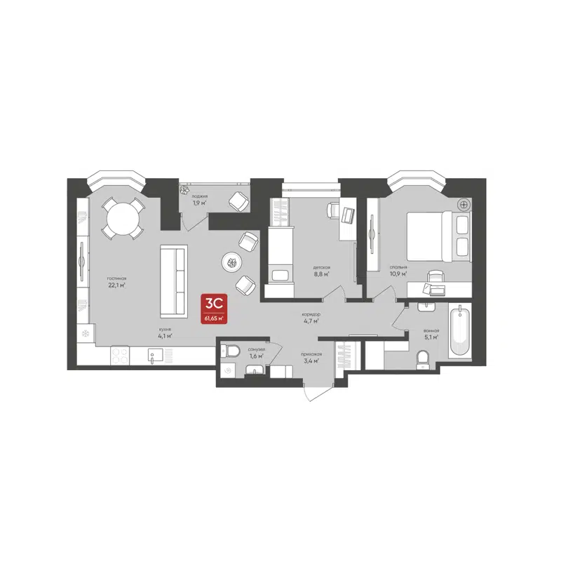 3-комнатная квартира 61.65 м² Промышленная 7